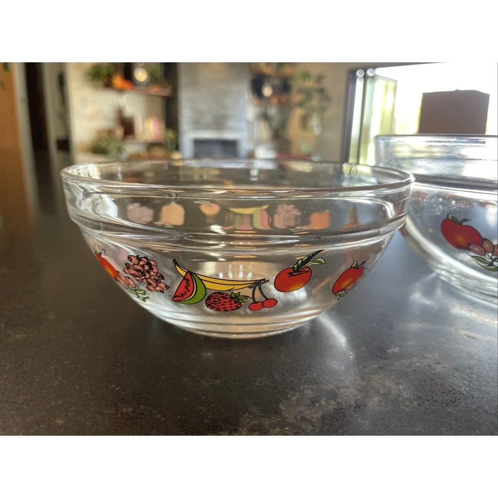 Vintage Glass Nesting Bowls Fruit Decals Mixing Salad 2 Clear Bowls Cereal